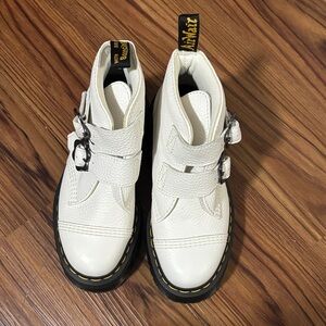 Dr. Martens White Devon Flower Buckle Platform Boots